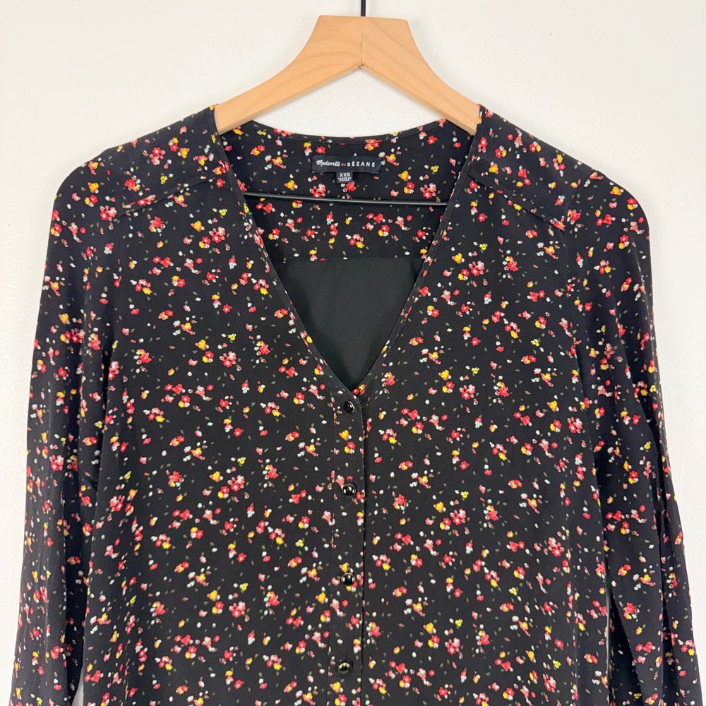 Madewell et‎ Sezane Elly Silk Mini Dress XXS Black Floral Print V Neck Parisian - Picture 3 of 14